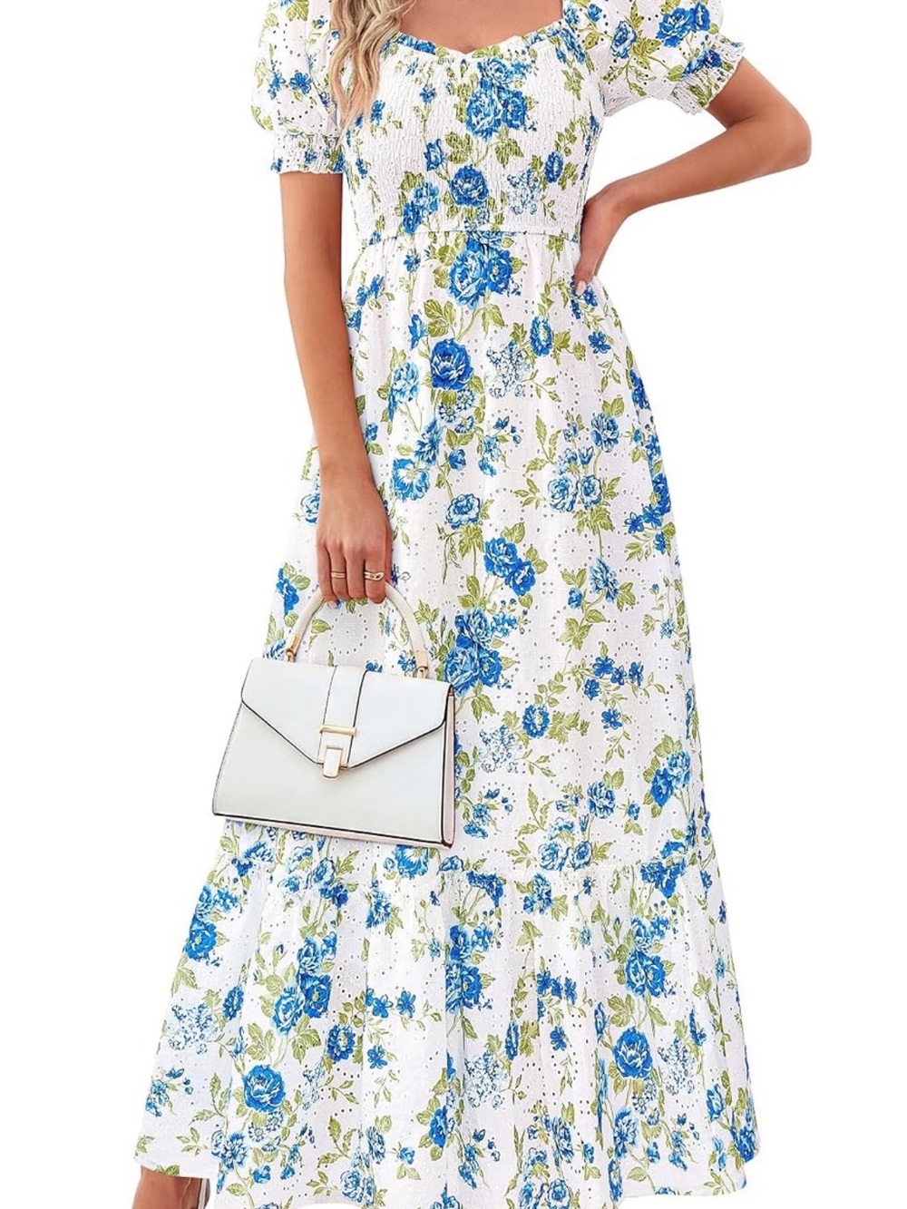 #79 Pretty Garden Blue Floral Puff-Sleeve Maxi Dress A Line Smocked Eyelet